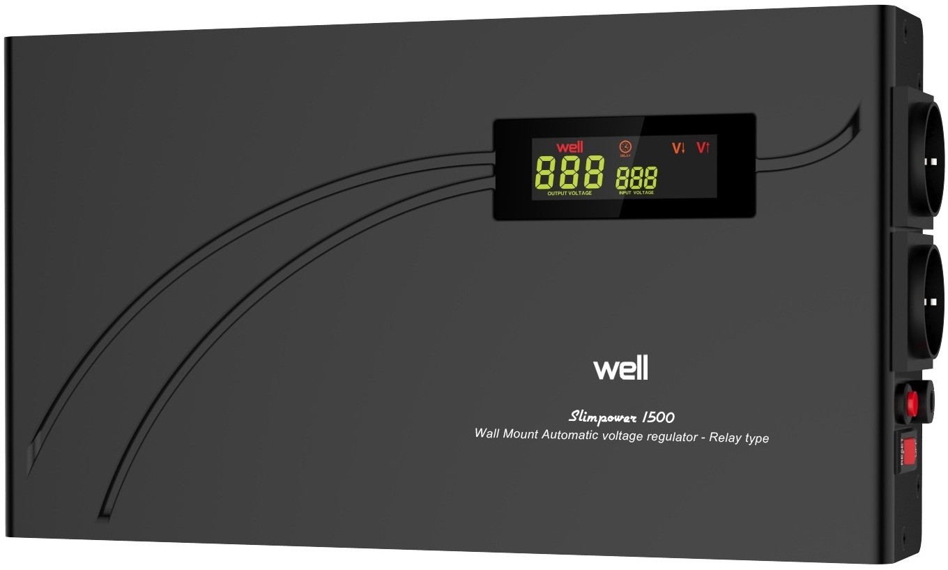 Stabilizator automat de tensiune cu releu 1500VA, orizontal, Well AVR-REL-SLIMPOWER1500-WL