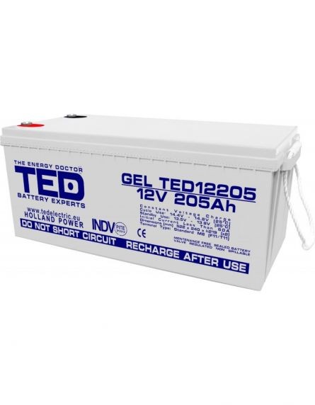 Acumulator 12V GEL Deep Cycle Solar, Dimensiuni 525 x 243 x 220 mm, Baterie 12V 205Ah M8, TED Electric TED003522 - 1 | YEO