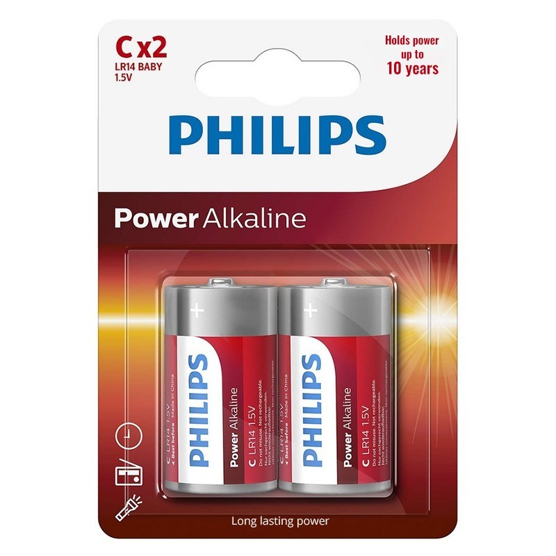 baterie power alkaline lr14 c blister 2 buc philips - 1 | YEO