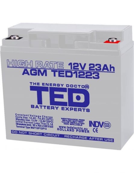 Acumulator 12V High Rate, Dimensiuni 181 x 76 x 167 mm, Baterie 12V 23Ah M5, TED Electric TED003362