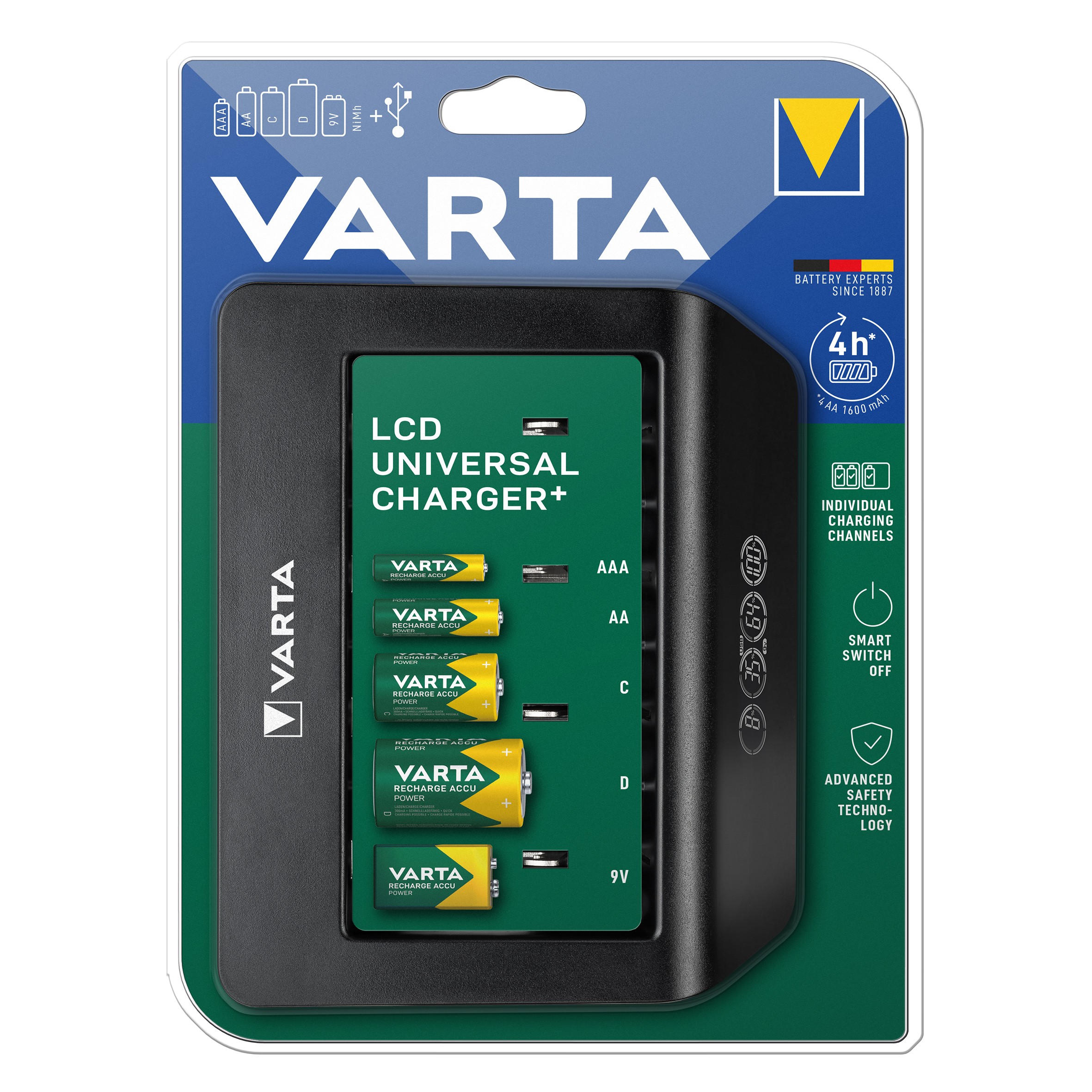 incarcator varta universal lcd charger plus acumulatori aa r6 aaa r3 c r14 d r20 9v 6lr61 6lf22 57688