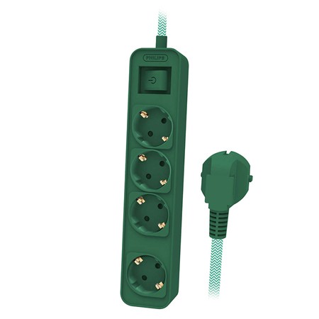 prelungitor cu intrerupator 4 cai 1.5m verde philips