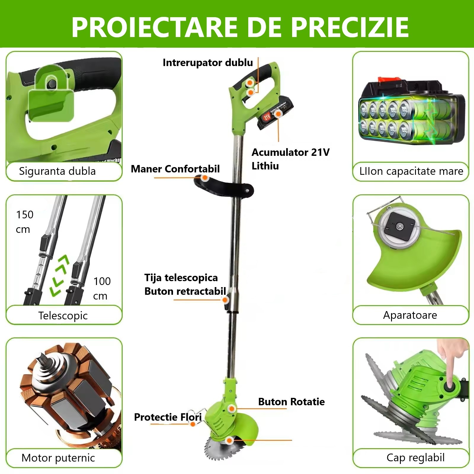 Motocoasa cu roți, trimmer iarbă si gard viu, 2 acumulatori Li Ion 21V, tija telescopica, 3 tipuri de taietoare - 6 | YEO