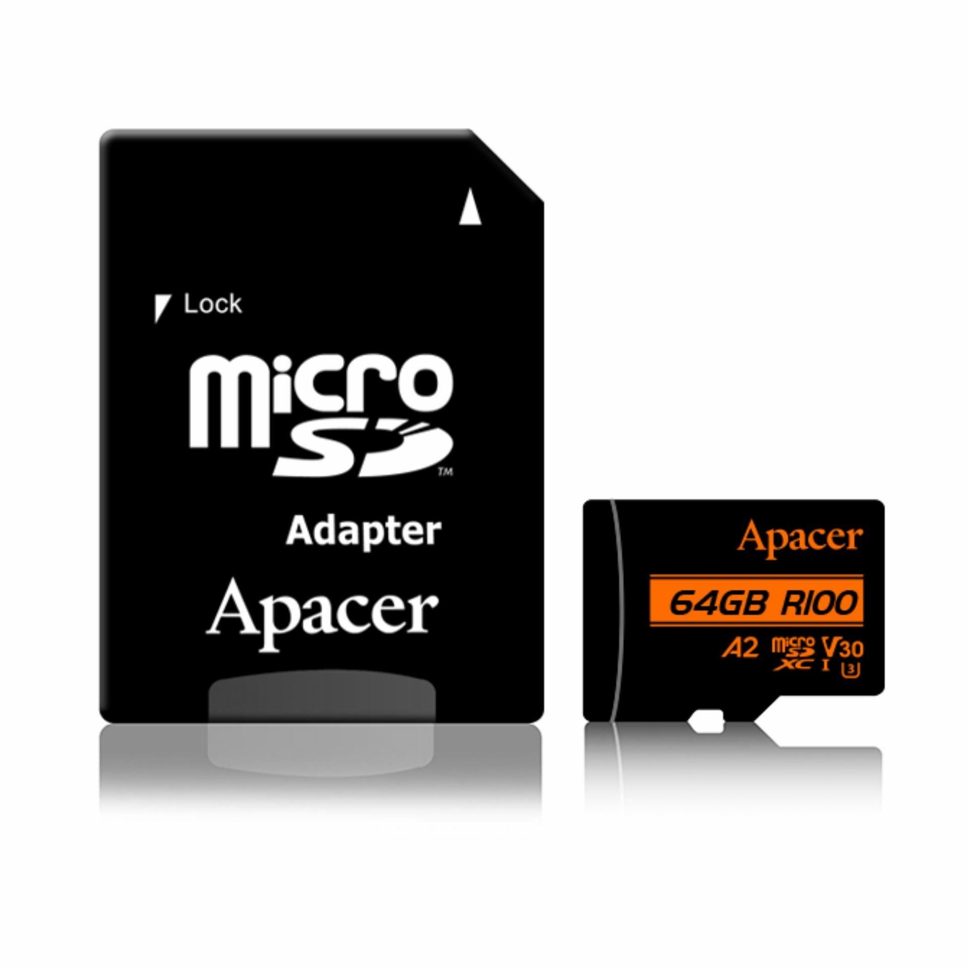 card microsdxc uhs-i u3 v30 a2 apacer 64gb r100 cu adaptor sd