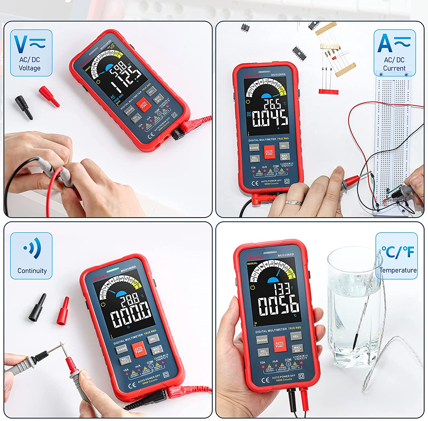 multimetru digital astroai mus10krd, 10000 counts, smart auto, trms auto-ranging, display color, masurare continuitate, temperat