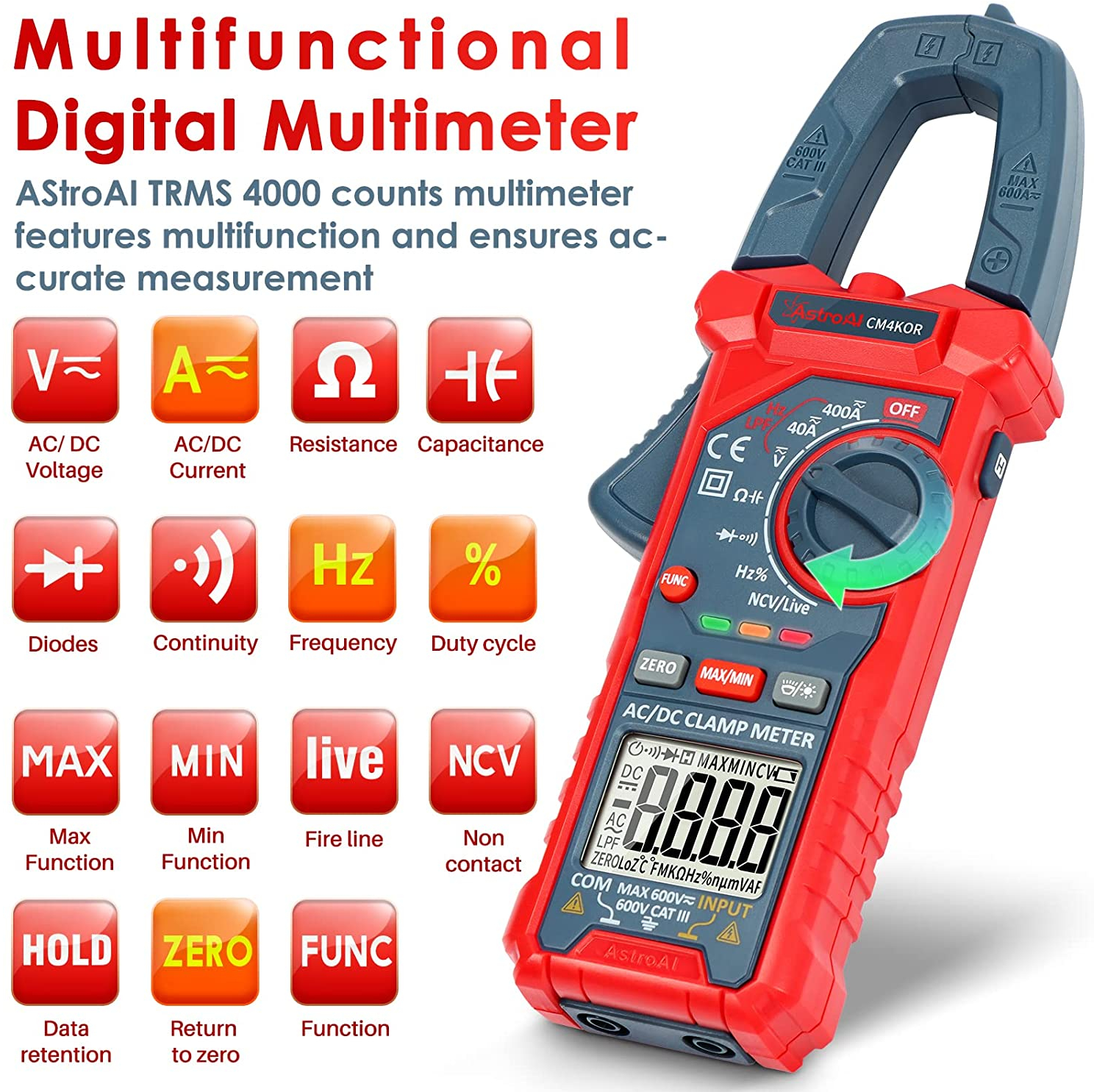 clampmetru (cleste ampermetric) multimetru digital astroai cm4kor 4000 counts, auto-ranging, masoara tensiunea, curentul ac dc, - 2 | YEO