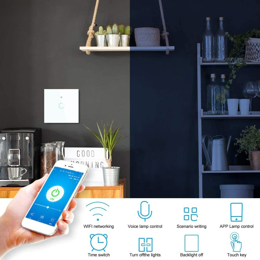 intrerupator smart cu touch rovo fn1c, 1 canal, sticla securizata, tuya, life smart, rf 433mhz, alexa si google assistant, fara - 1 | YEO