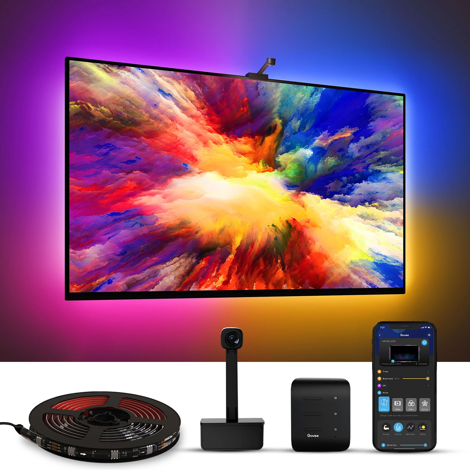 banda led govee dreamview t1 tv backlight wi-fi rgbic, camera colorsense 1080p hd, 75-85 inch