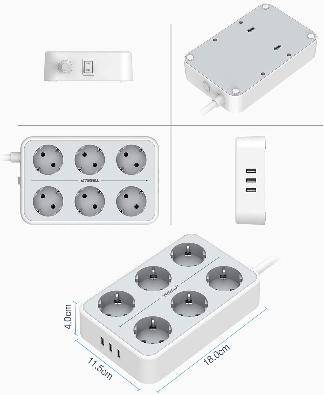 prelungitor tessan ts-303, 6 prize, 3 usb 3a, cablu 2m