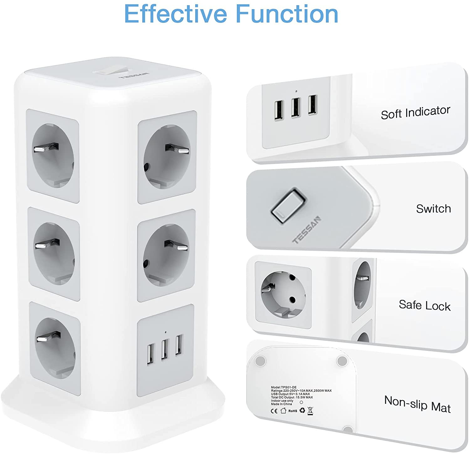 prelungitor tip turn tessan tps01, 11 prize, 3 usb 3.1a, cablu 2m, protectie la suprasarcina - alb - 1 | YEO