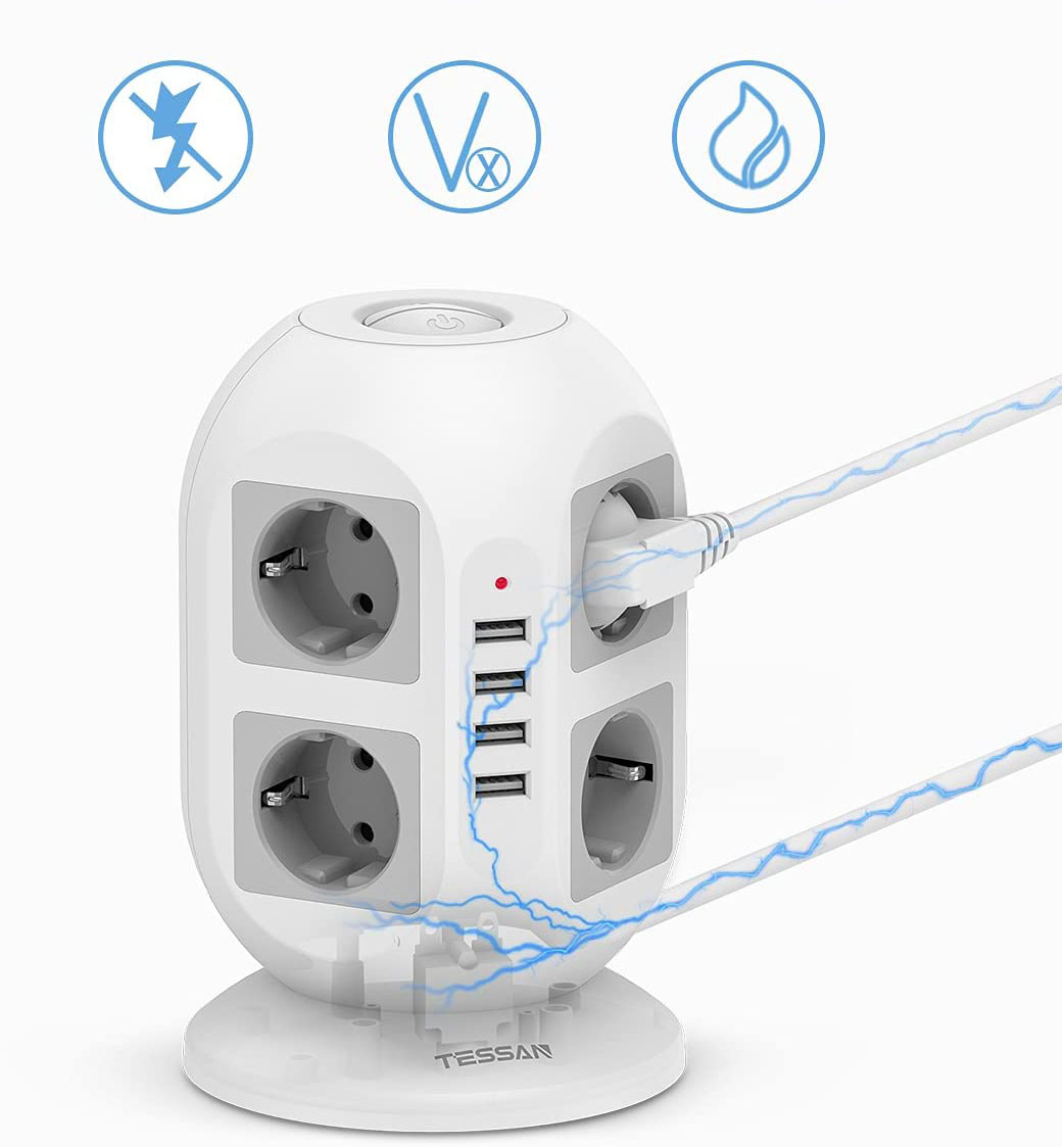 prelungitor tip turn tessan jw402, 8 prize, 4 usb 3.1a, cablu 2m, protectie la suprasarcina - 2 | YEO