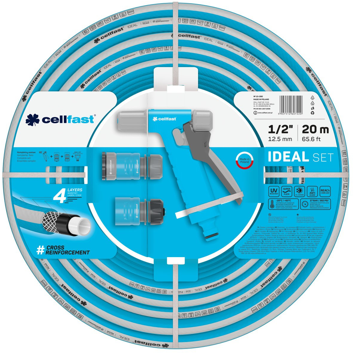 set furtun pentru gradina cellfast ideal 1 2 20m, protectie uv, antirasucire, pistol stropire, conectori