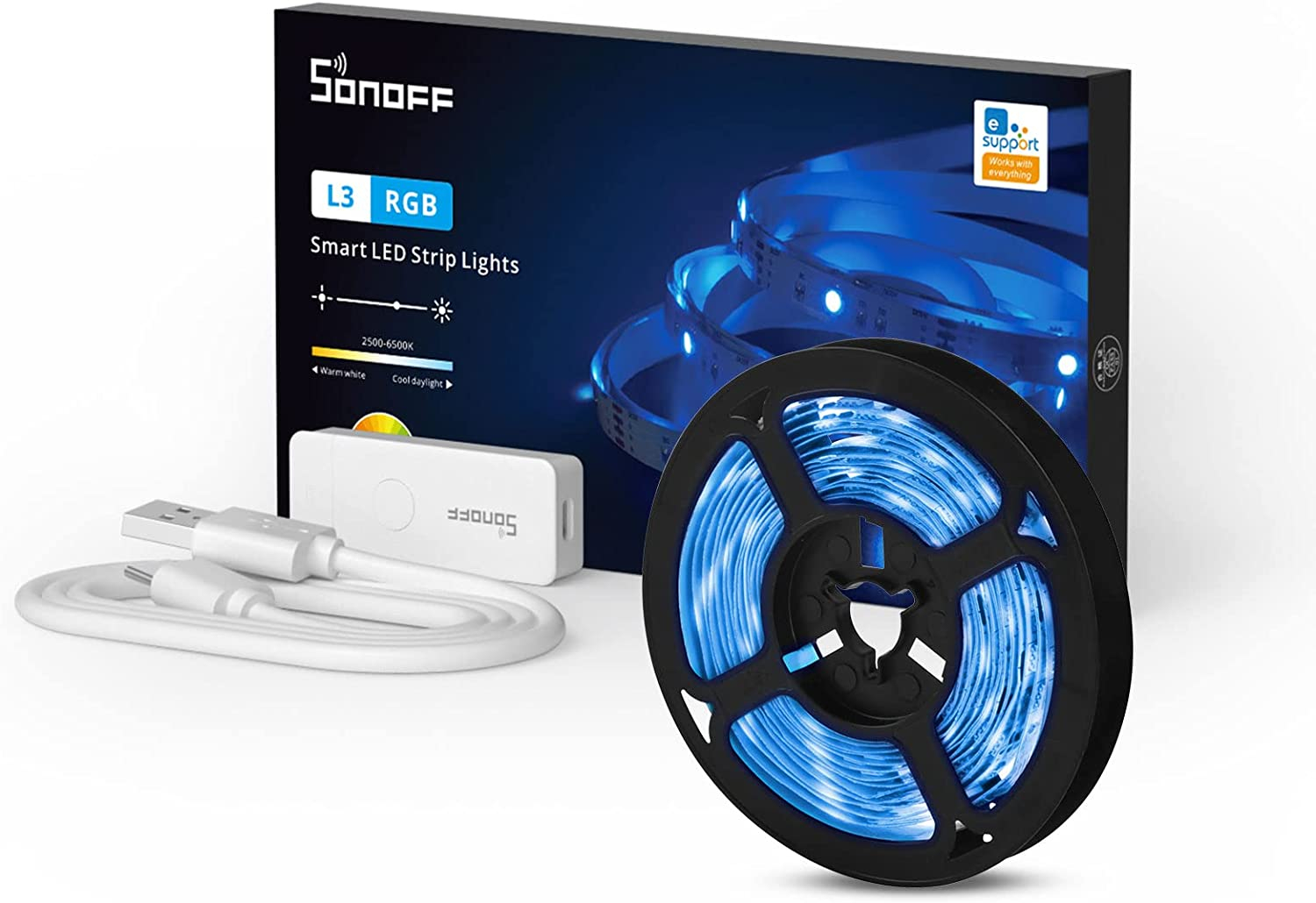 banda led sonoff wifi rgb l3-5m, 5m, smart, ip20, sincronizare muzica, 90 led m, alimentare usb