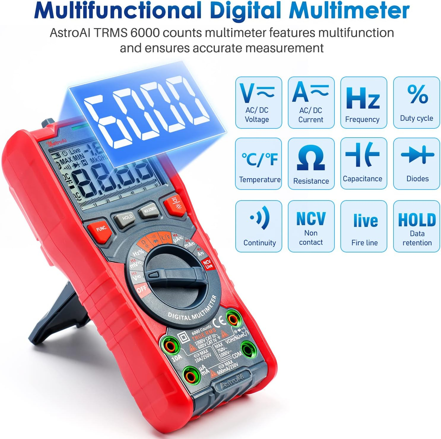 multimetru digital astroai m6kor, trms 6000, voltmetru cu testare automata ac dc, rezistenta capacitatii, temperatura diode, ncv - 1 | YEO