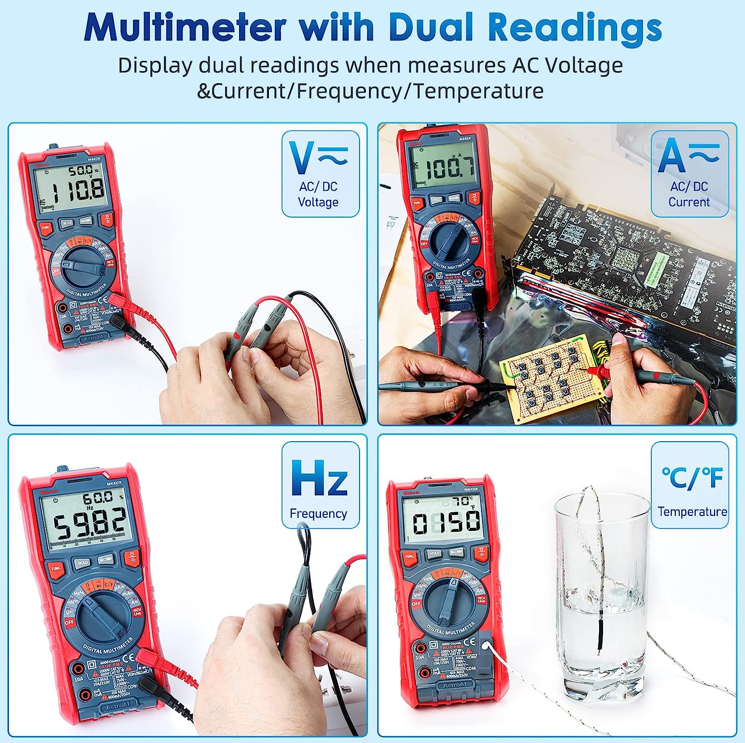 multimetru digital astroai m6kor, trms 6000, voltmetru cu testare automata ac dc, rezistenta capacitatii, temperatura diode, ncv - 2 | YEO