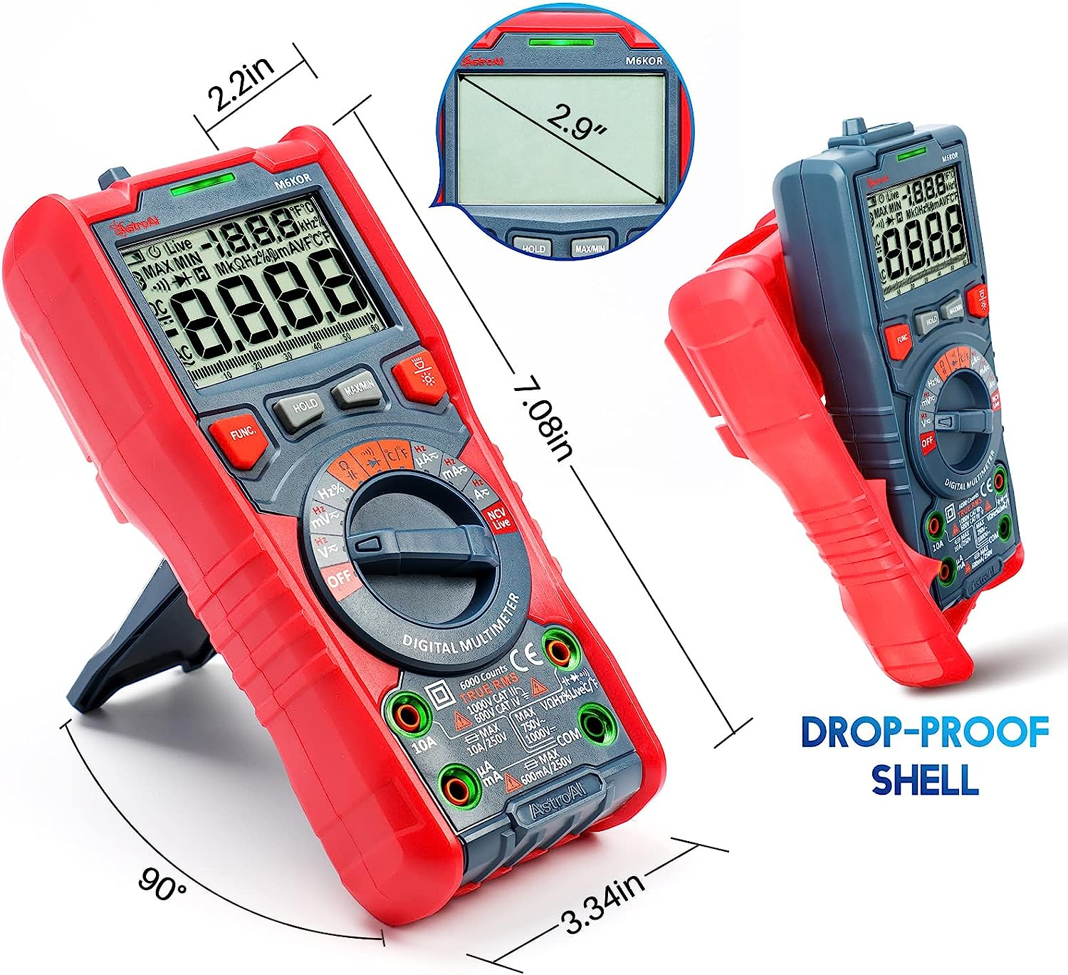 multimetru digital astroai m6kor, trms 6000, voltmetru cu testare automata ac dc, rezistenta capacitatii, temperatura diode, ncv