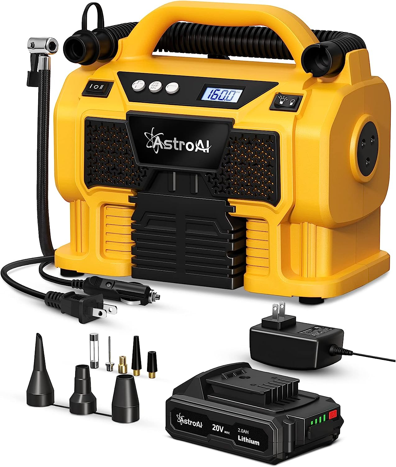 compresor portabil cu acumulator astroai 3plye, 12v dc, 160psi, digital, structura metalica, adaptoare incluse