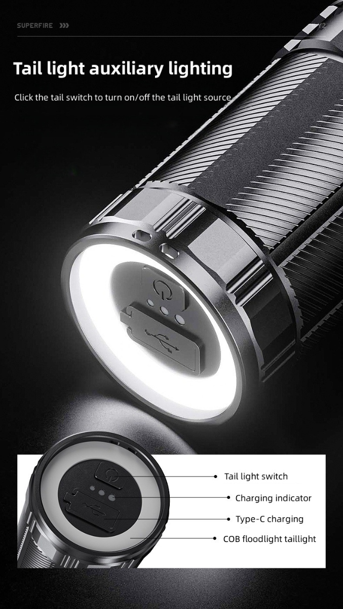 lanterna led superfire y2, zoom, 1400lm, 1000m, incarcare usb-c, lumina fata, spate, 20w - 2 | YEO