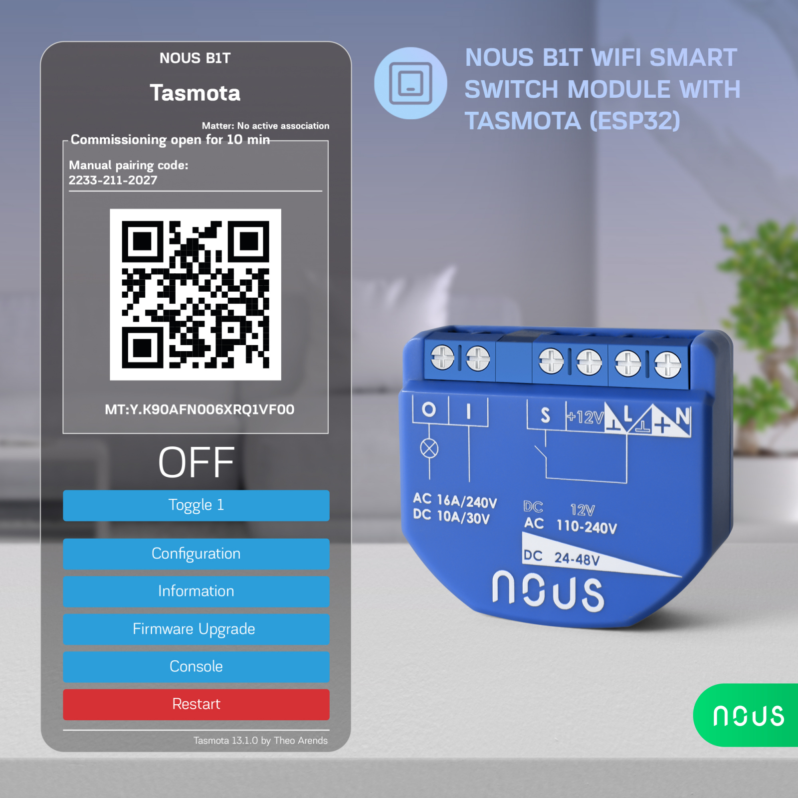 releu wireless nous b1t, 16a, tasmota, matter - 1 canal, esp32 - 1 | YEO