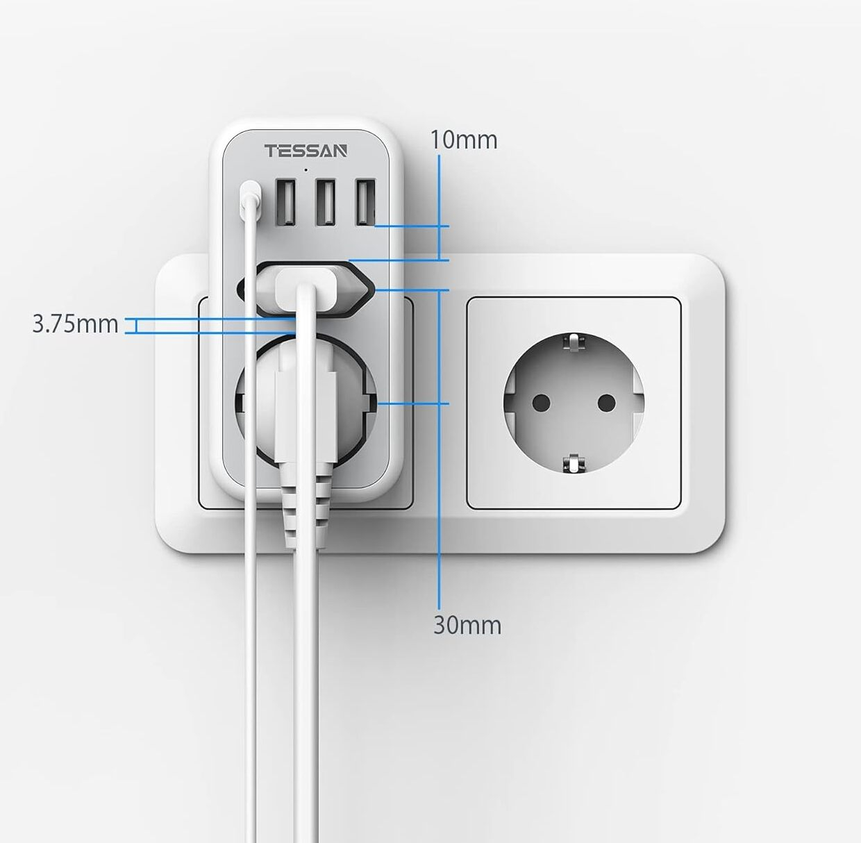 priza multipla tessan ts-328, 2 prize, 1 port usb-c, 3 porturi usb, 240 v, alb , 3600w - 3 | YEO