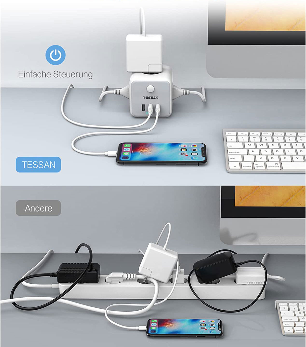 prelungitor tip cub tessan ts-301-c, 3 prize, 2 x usb a, 1 x usb-c, cablu 1.5m - 3 | YEO