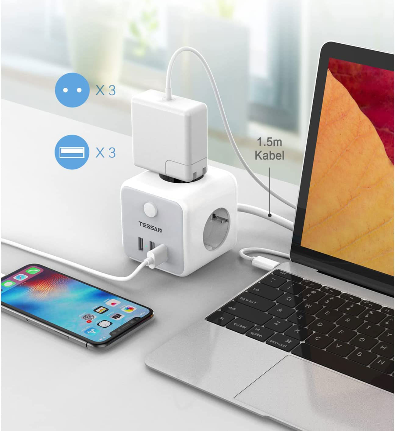 prelungitor tip cub tessan ts-301-c, 3 prize, 2 x usb a, 1 x usb-c, cablu 1.5m