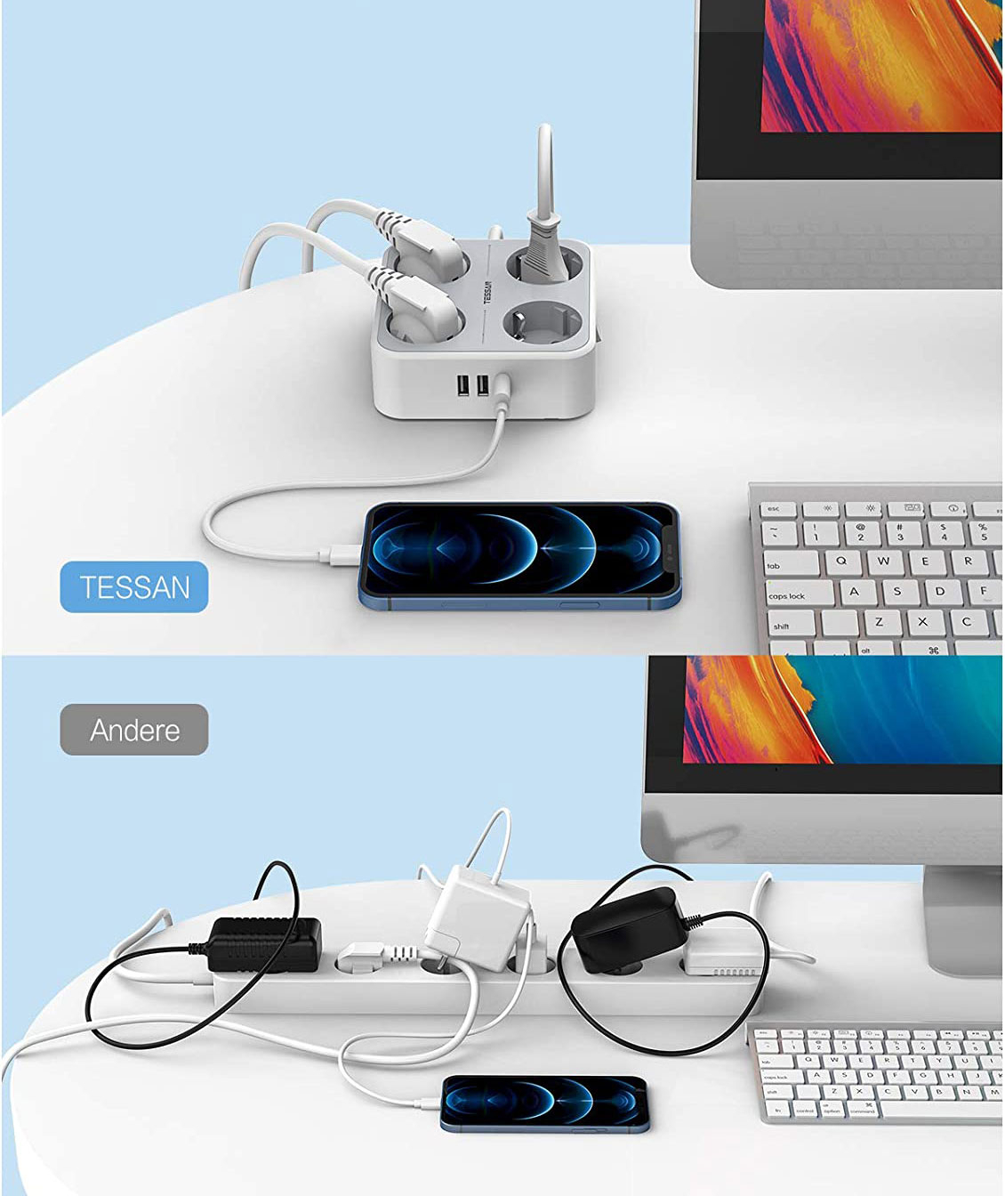 prelungitor tessan ts-302-c, 4 prize, 2 x usb-a, 1x usb-c, 3a, cablu 2m - 1 | YEO