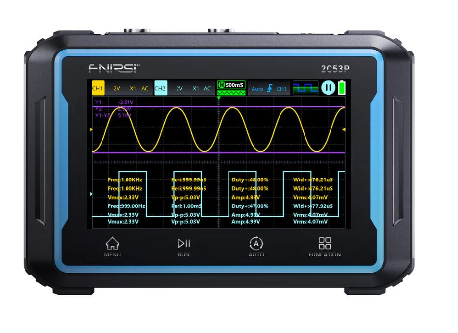 osciloscop digital portabil cu multimetru 2 canale 250ms/s 50mhz fnirsi 2c53p