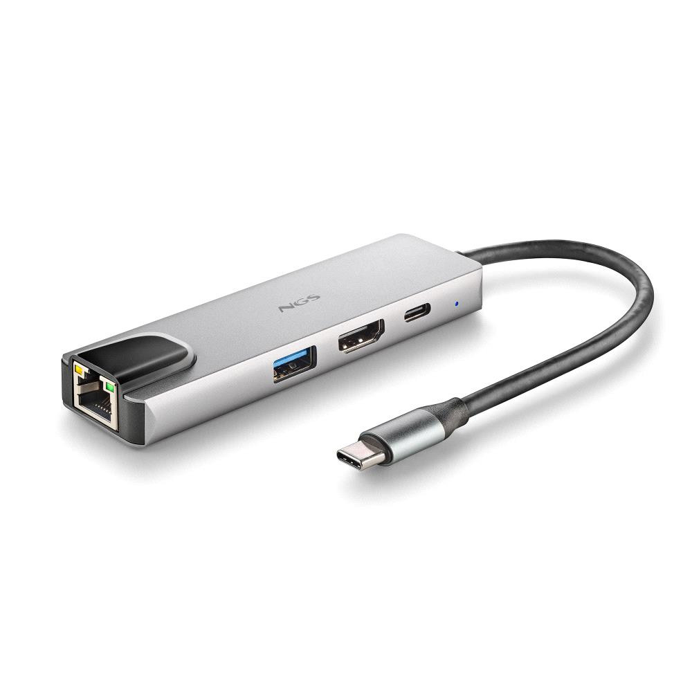 adaptor usb-c tata - 1x hdmi 1x usb-c pd 100w 1x usb 3.0 1x rj45 mama argintiu ngs