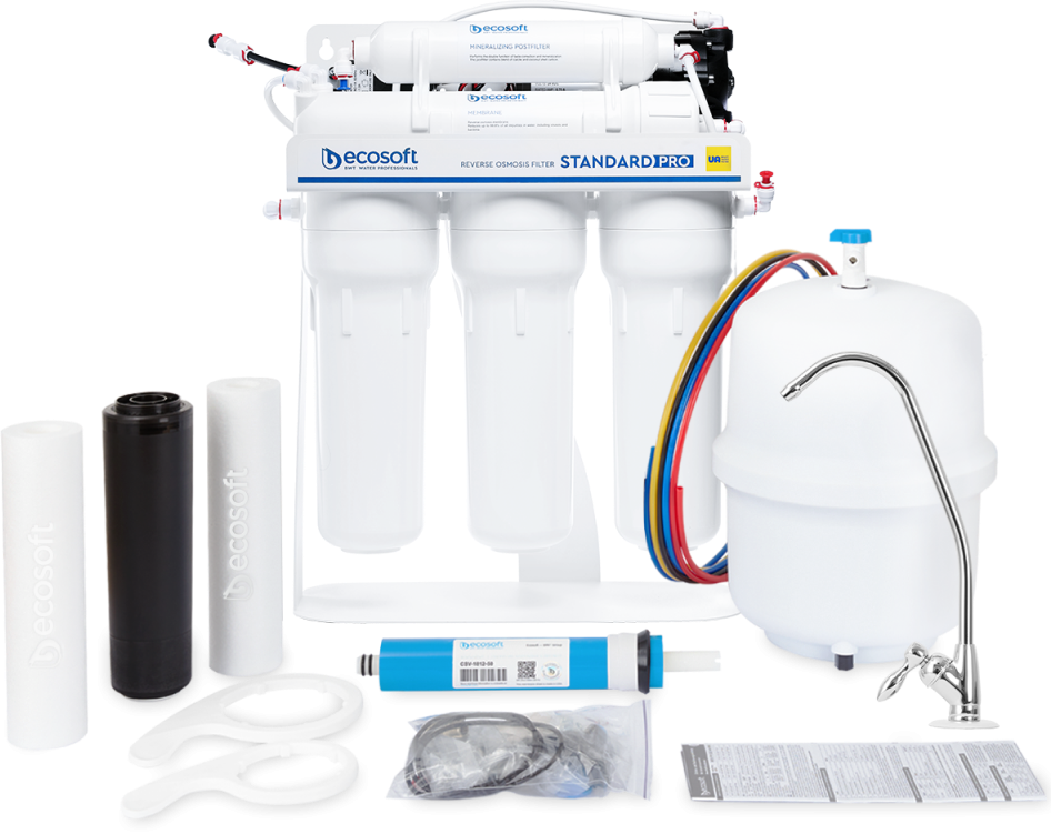 Standard PRO reverse osmosis filter with mineralization and pump on metal rack