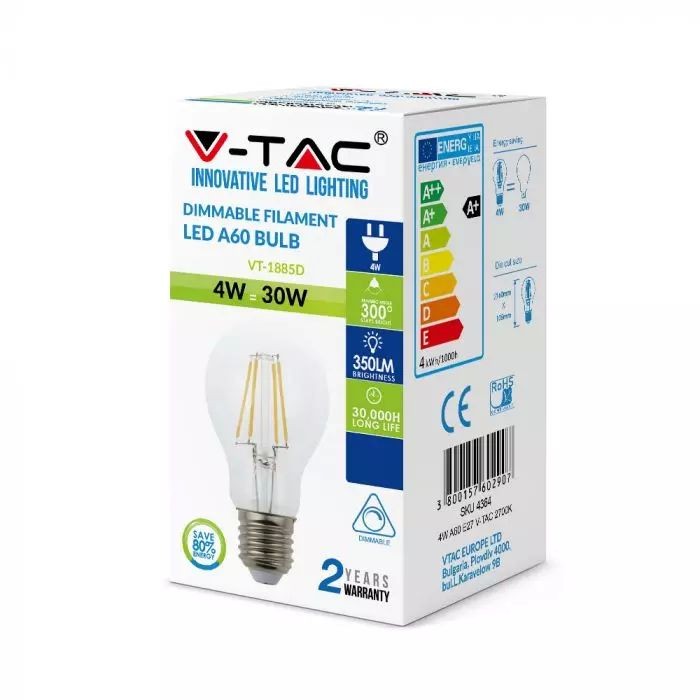 Bec LED - 4W Filament Patent E27 A60, Alb cald Dimabil - 1 | YEO