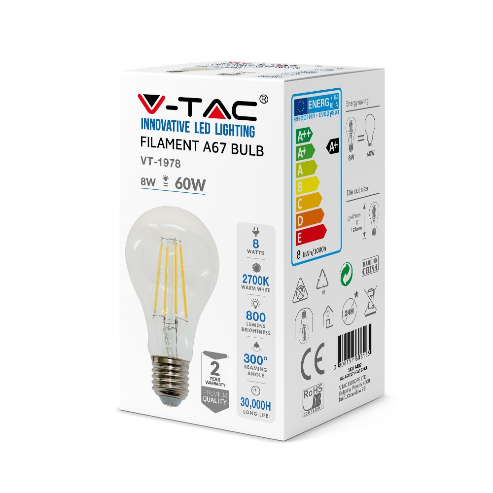 Bec LED - 8W Filament Patent E27 A67, Alb rece - 1 | YEO