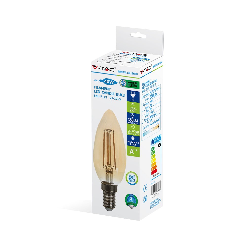 Bec LED - 4W Filament E14 Tip Lumânare Amber Alb cald - 1 | YEO