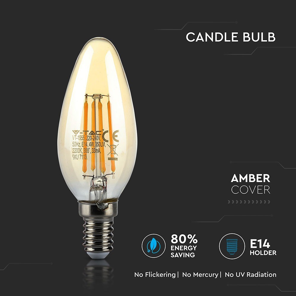 Bec LED - 4W Filament E14 Tip Lumânare Amber Alb cald - 2 | YEO