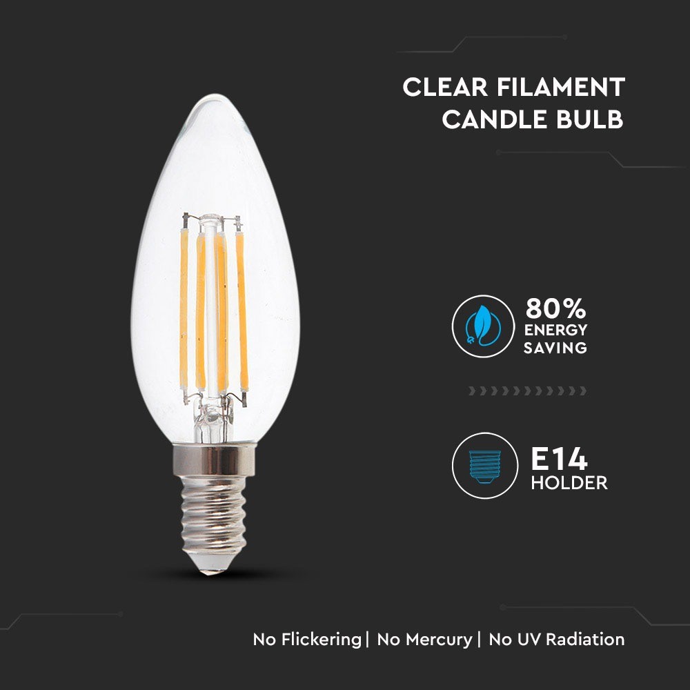 Bec LED Lumânare - 6W Filament E14 Sticlă Clară 3000K - 2 | YEO