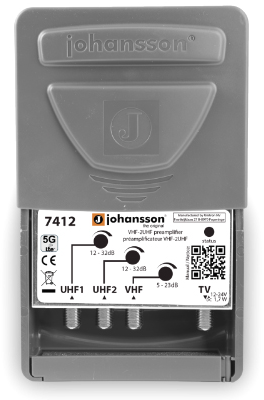 Preamplificator antenă Johansson 7412, 1x VHF, 2x UHF, 1x Out, câștig selectabil, filtru 5G LTE